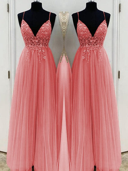 A-Line/Princess Beading Tulle Spaghetti Straps Sleeveless Floor-Length Prom Dress