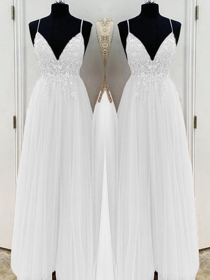 A-Line/Princess Beading Tulle Spaghetti Straps Sleeveless Floor-Length Prom Dress