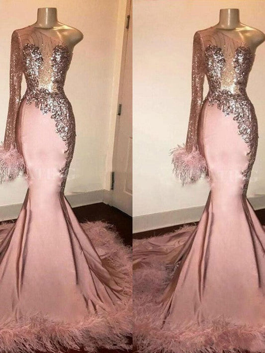 Trumpet/Mermaid Elastic Woven Satin Feathers/Fur One-Shoulder Long Sleeves Chapel Train Prom Dress