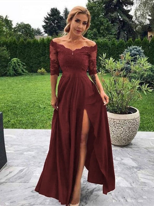 A-Line/Princess Stretch Crepe Applique Off-the-Shoulder 1/2 Sleeves Floor-Length Prom Dress