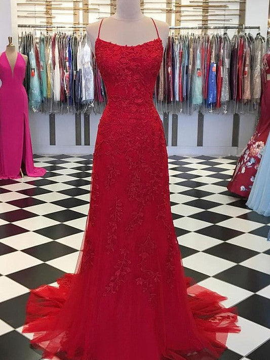 A-Line/Princess Tulle Applique Spaghetti Straps Sleeveless Sweep/Brush Train Prom Dress