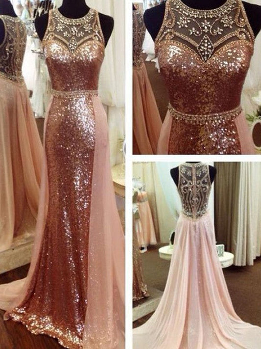 A-Line/Princess Beading Sequins Scoop Sleeveless Sweep/Brush Train Prom Dress
