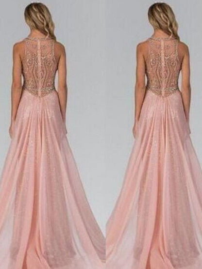 A-Line/Princess Beading Sequins Scoop Sleeveless Sweep/Brush Train Prom Dress