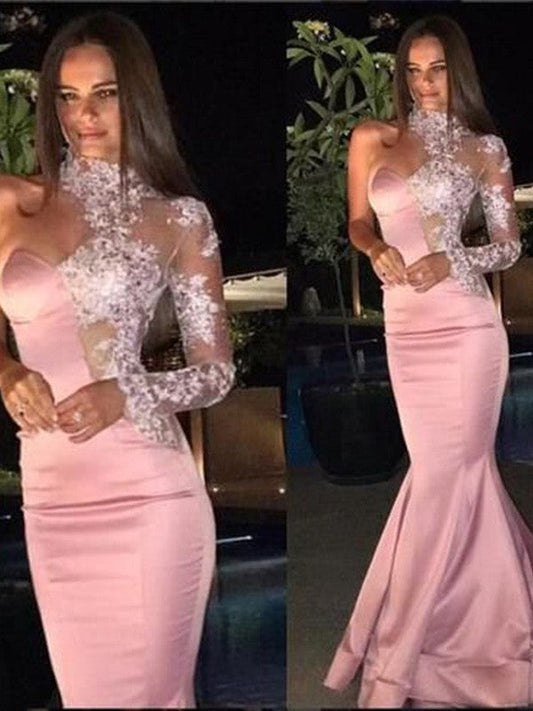 Trumpet/Mermaid Elastic Woven Satin Applique One-Shoulder Long Sleeves Sweep/Brush Train Prom Dress
