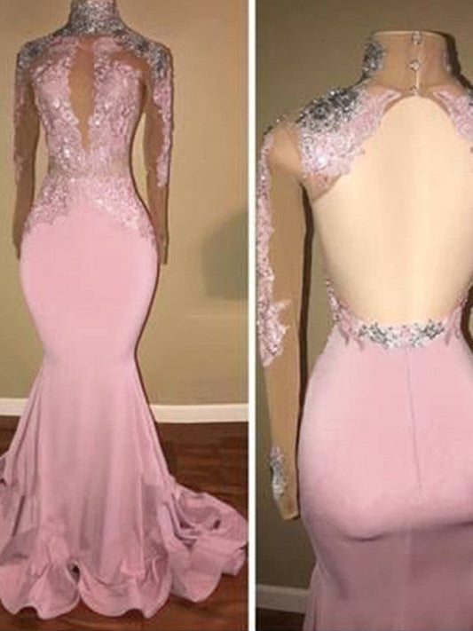 Trumpet/Mermaid High Neck Spandex Applique Long Sleeves Sweep/Brush Train Prom Dress