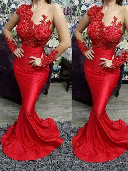 Trumpet/Mermaid Applique Scoop Satin Sweep/Brush Train Long Sleeves Prom Dress