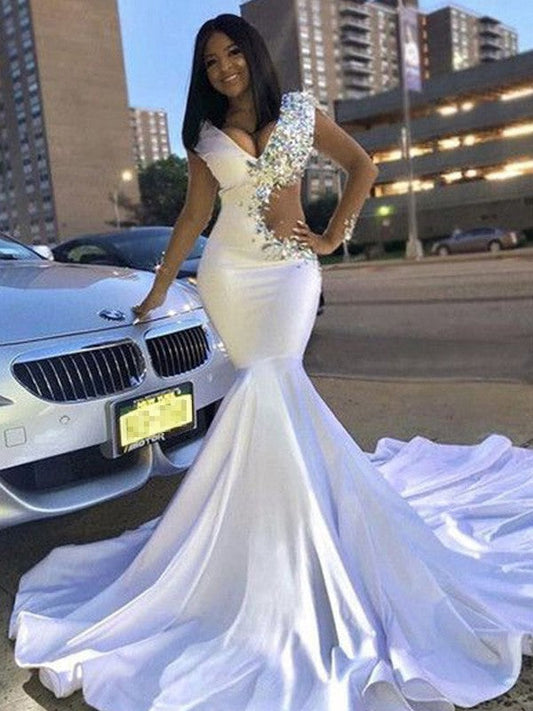 Trumpet/Mermaid Elastic Woven Elastic Woven Satin Beading V-neck Long Sleeves Chapel Train Prom Dress