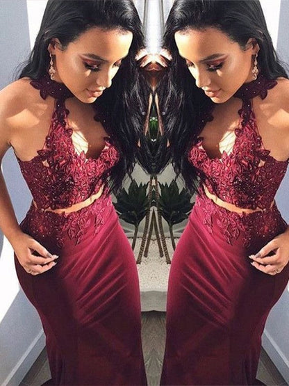 Sheath/Column Applique Halter Sleeveless Floor-Length Spandex Two Piece Prom Dress