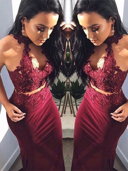 Sheath/Column Applique Halter Sleeveless Floor-Length Spandex Two Piece Prom Dress