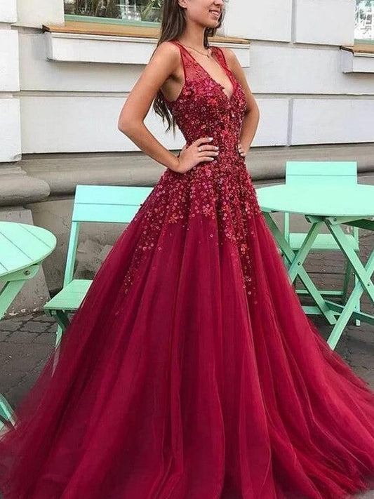 A-Line/Princess Tulle Beading V-neck Sleeveless Sweep/Brush Train Prom Dress