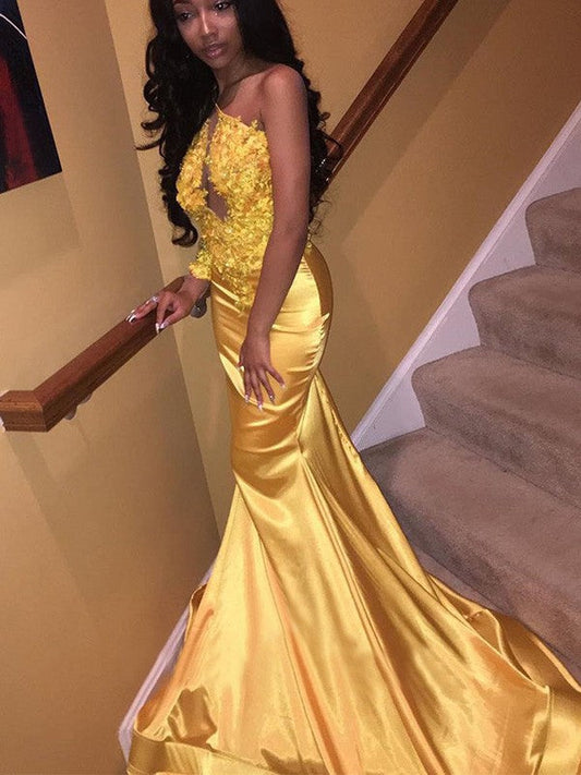 Trumpet/Mermaid Satin Applique Strapless Sleeveless Court Train Prom Dress