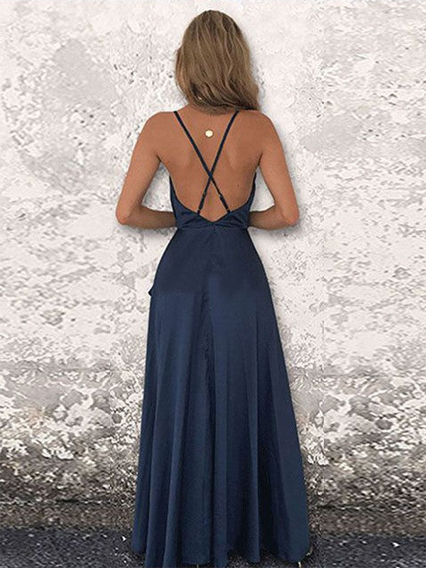 A-Line/Princess Silk like Satin Spaghetti Straps Floor-Length Ruched Sleeveless Prom Dress