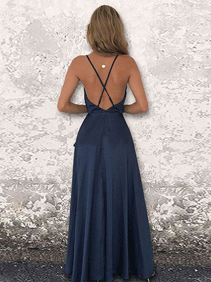 A-Line/Princess Silk like Satin Spaghetti Straps Floor-Length Ruched Sleeveless Prom Dress