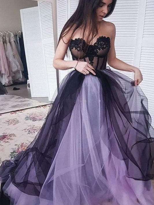 A-Line/Princess Tulle Applique Strapless Sleeveless Court Train Prom Dress