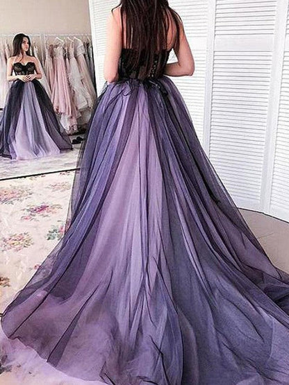A-Line/Princess Tulle Applique Strapless Sleeveless Court Train Prom Dress