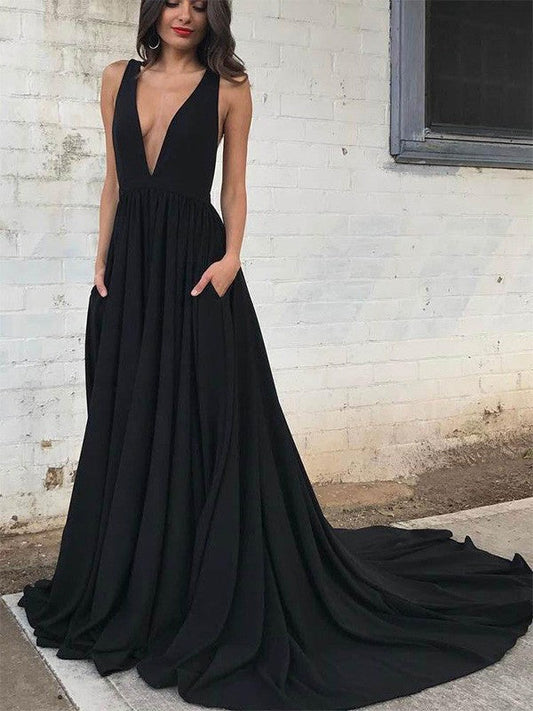 A-Line/Princess Ruffles V-neck Jersey Court Train Sleeveless Prom Dress