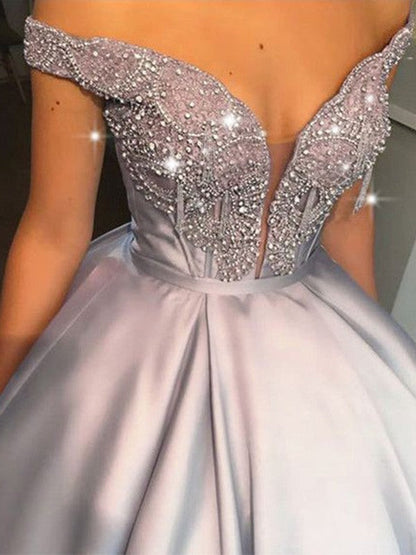 Ball Gown Beading Satin Off-the-Shoulder Sleeveless Floor-Length Prom Dress