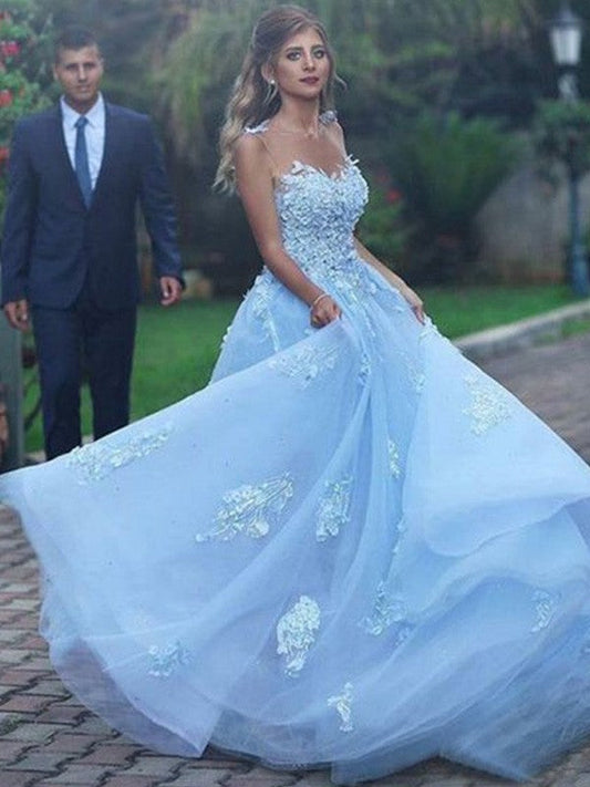 A-Line/Princess Tulle Applique Bateau Sleeveless Sweep/Brush Train Prom Dress