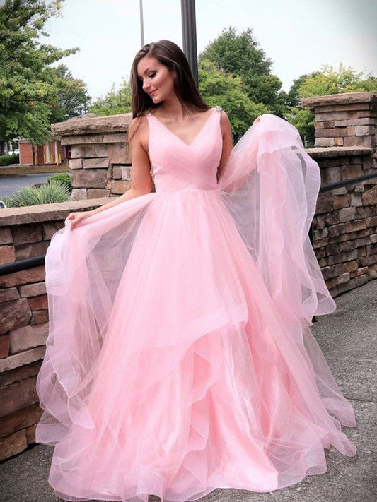 A-Line/Princess Tulle Ruched Sleeveless Sweep/Brush Train V-neck Prom Dress
