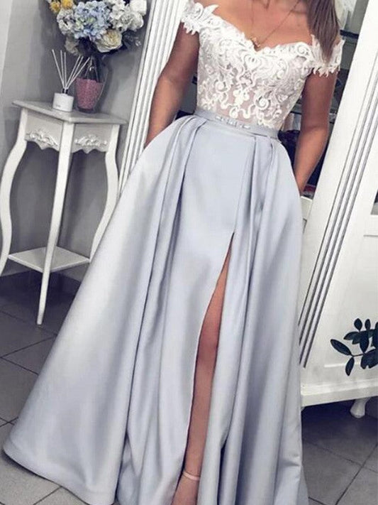 A-Line/Princess Satin Lace Sleeveless Off-the-Shoulder Floor-Length Prom Dress