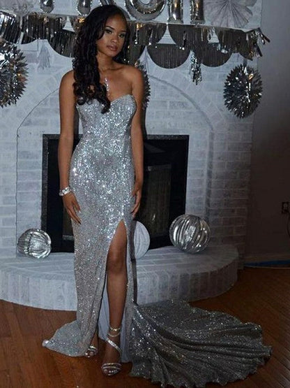 Sheath/Column Sequins Sleeveless Court Train Off-the-Shoulder Prom Dress