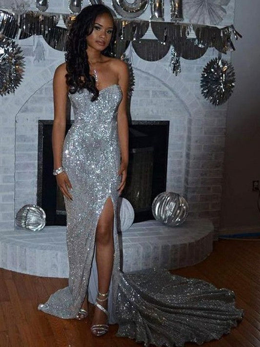 Sheath/Column Sequins Sleeveless Court Train Off-the-Shoulder Prom Dress