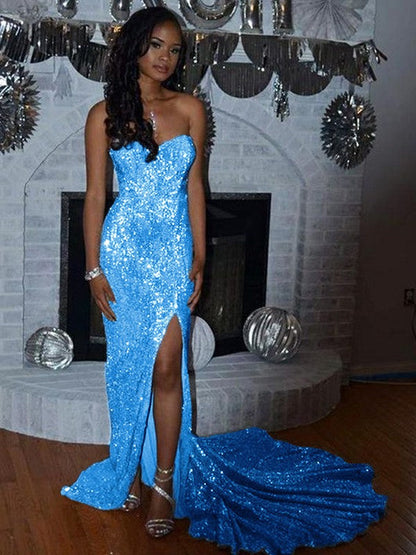 Sheath/Column Sequins Sleeveless Court Train Off-the-Shoulder Prom Dress
