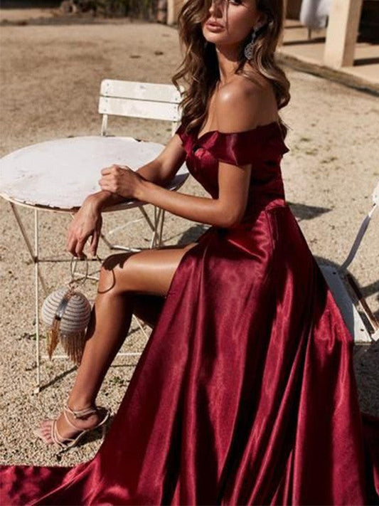 A-Line/Princess Off-the-Shoulder Ruffles Court Train Sleeveless Prom Dress