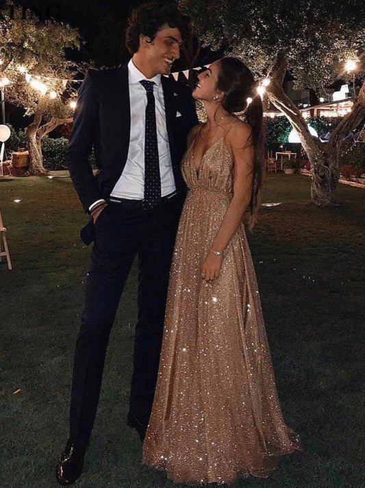 A-Line/Princess Paillette Tulle V-neck Floor-Length Sleeveless Prom Dress