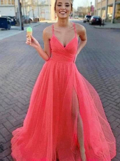 A-Line/Princess Sleeveless Tulle V-neck Ruched Sweep/Brush Train Prom Dress