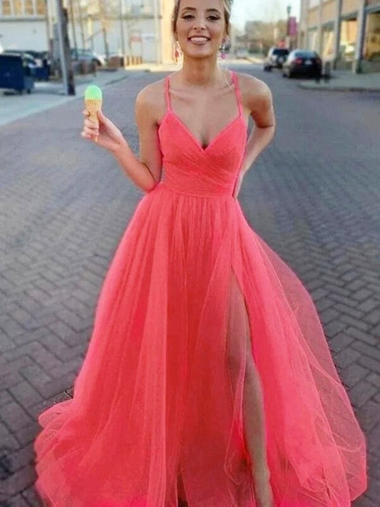 A-Line/Princess Sleeveless Tulle V-neck Ruched Sweep/Brush Train Prom Dress