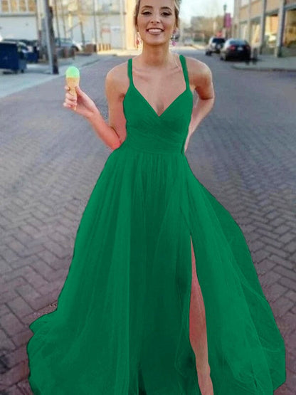A-Line/Princess Sleeveless Tulle V-neck Ruched Sweep/Brush Train Prom Dress