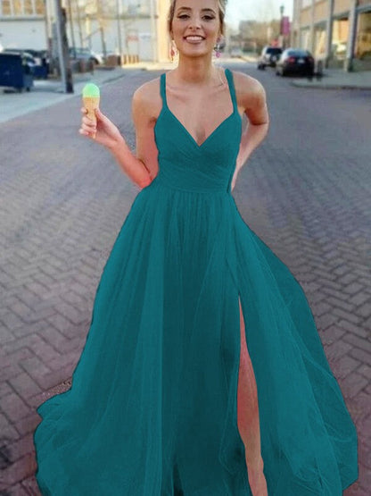 A-Line/Princess Sleeveless Tulle V-neck Ruched Sweep/Brush Train Prom Dress