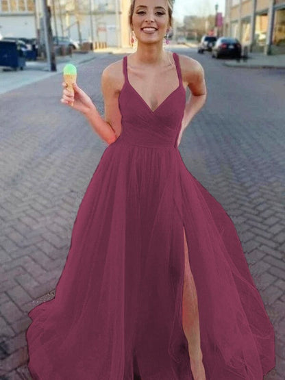 A-Line/Princess Sleeveless Tulle V-neck Ruched Sweep/Brush Train Prom Dress