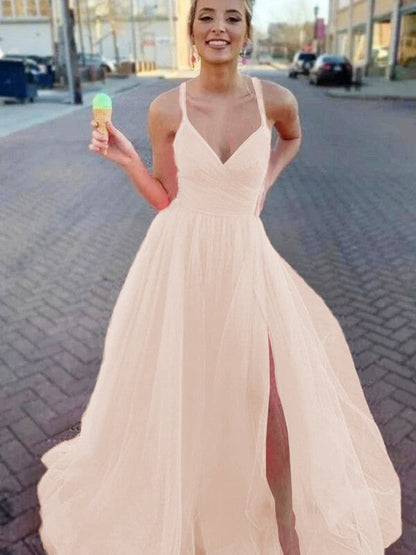 A-Line/Princess Sleeveless Tulle V-neck Ruched Sweep/Brush Train Prom Dress