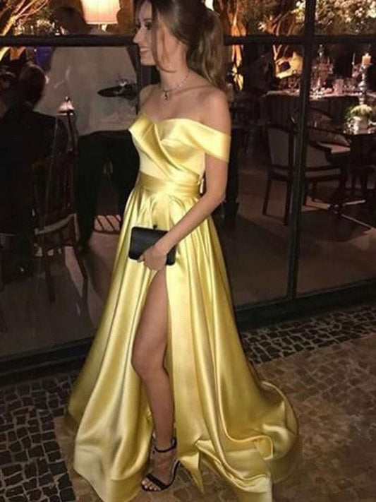 A-Line/Princess Off-the-Shoulder Satin Sweep/Brush Train Ruffles Sleeveless Prom Dress