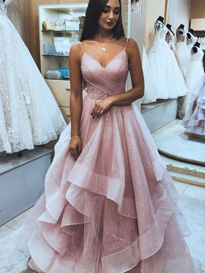 A-Line/Princess Net Spaghetti Straps Sleeveless Ruffles Floor-Length Prom Dress