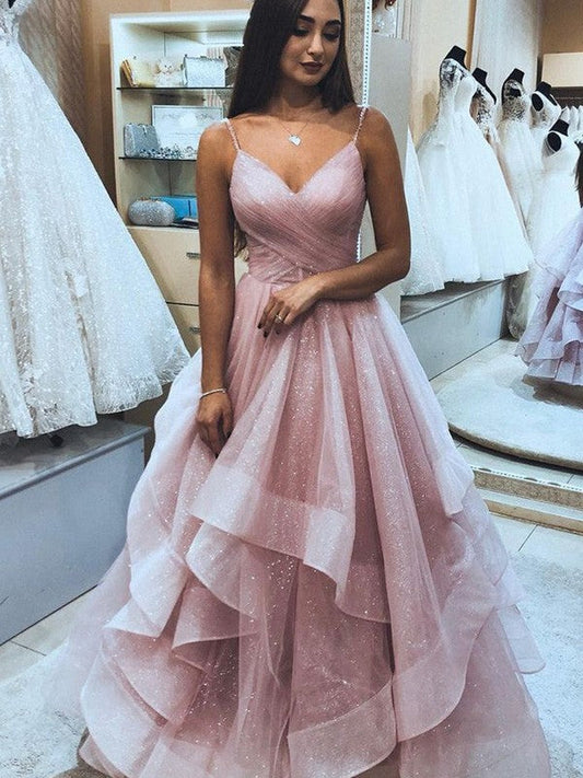 A-Line/Princess Net Spaghetti Straps Sleeveless Ruffles Floor-Length Prom Dress