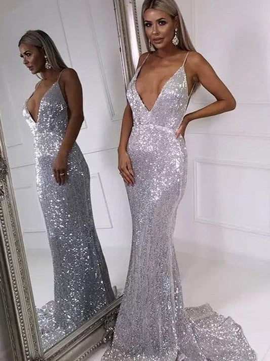 Trumpet/Mermaid Ruffles V-neck Sweep/Brush Train Sleeveless Sequins Prom Dress