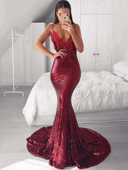 Trumpet/Mermaid V-neck Sequins Applique Sweep/Brush Train Sleeveless Prom Dress