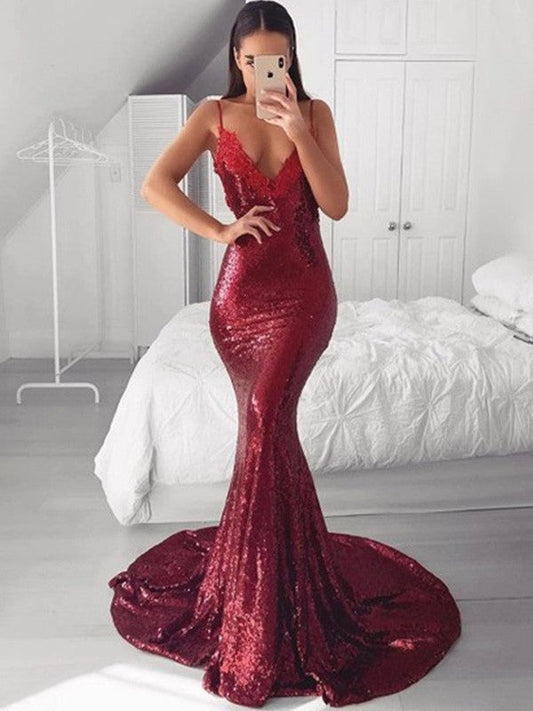 Trumpet/Mermaid V-neck Sequins Applique Sweep/Brush Train Sleeveless Prom Dress