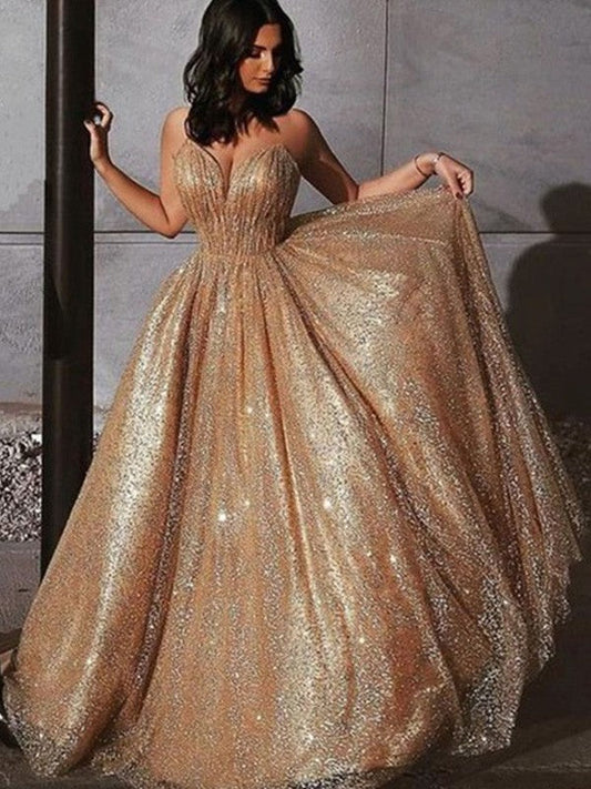 A-Line/Princess Spaghetti Straps Tulle Sequin Sleeveless Court Train Prom Dress