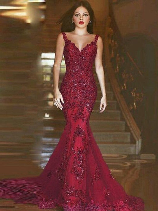 Mermaid Tulle V-neck Sleeveless Sweep/Brush Train With Applique Prom Dress