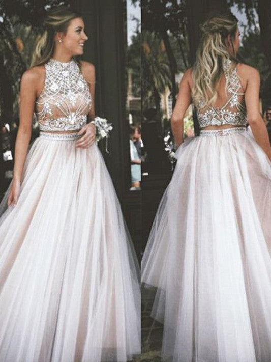 A-Line Tulle High Neck Sleeveless Floor-Length With Beading Prom Dress