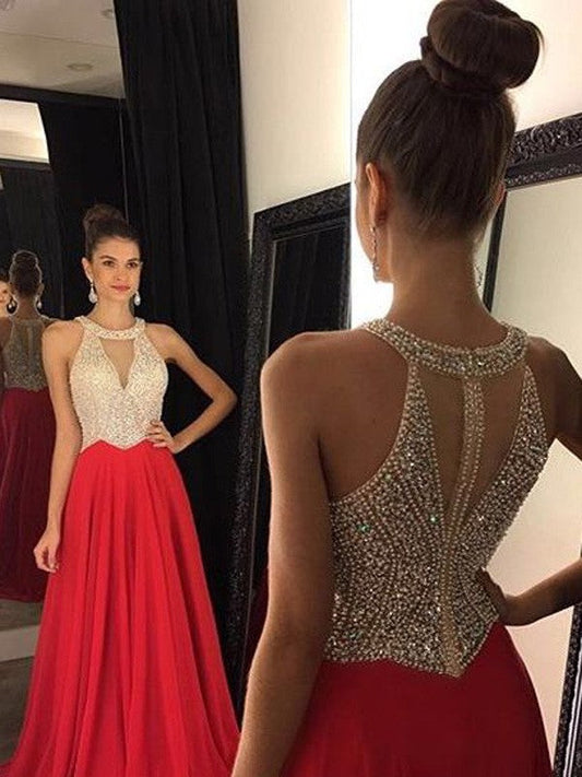 A-Line Chiffon Halter Sleeveless Sweep/Brush Train With Beading Prom Dress
