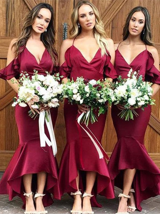Trumpet/Mermaid Ruffles Spaghetti Straps Sleeveless Asymmetrical Bridesmaid Dresses