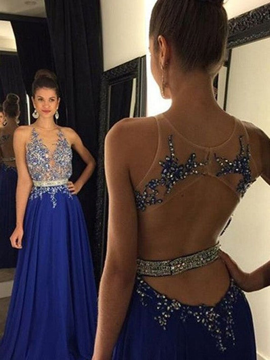 A-Line Chiffon V-neck Sleeveless Floor-Length With Applique Prom Dress