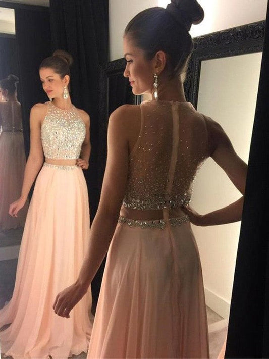A-Line Chiffon Scoop Sleeveless Sweep/Brush Train With Beading Prom Dress