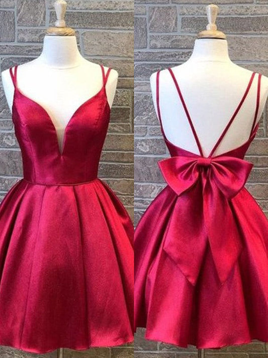 A-Line/Princess Satin Spaghetti Straps Sleeveless Bowknot Short/Mini Homecoming Dress