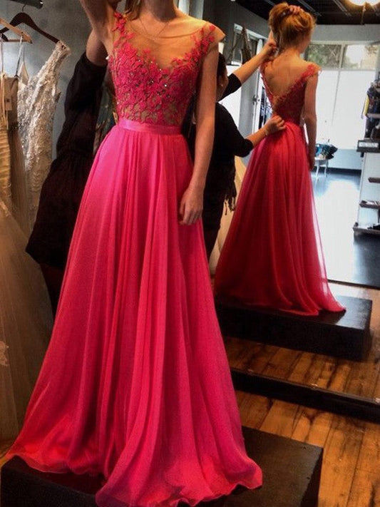 A-Line Chiffon Scoop Sleeveless Sweep/Brush Train With Applique Prom Dress